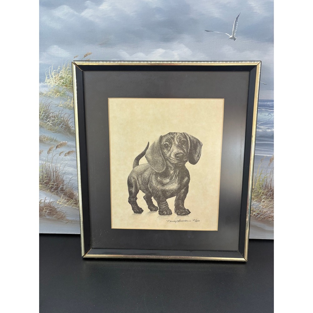 Nancy Louvier Signed Numbered Dachshund Puppy Framed Art 121/200 Black Gold